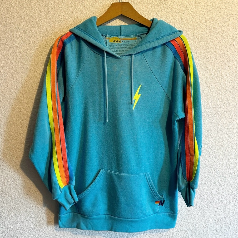 Aviator Nation Lightning Bolt Rainbow Neon Stripe Pullover Drawstring Hoodie L